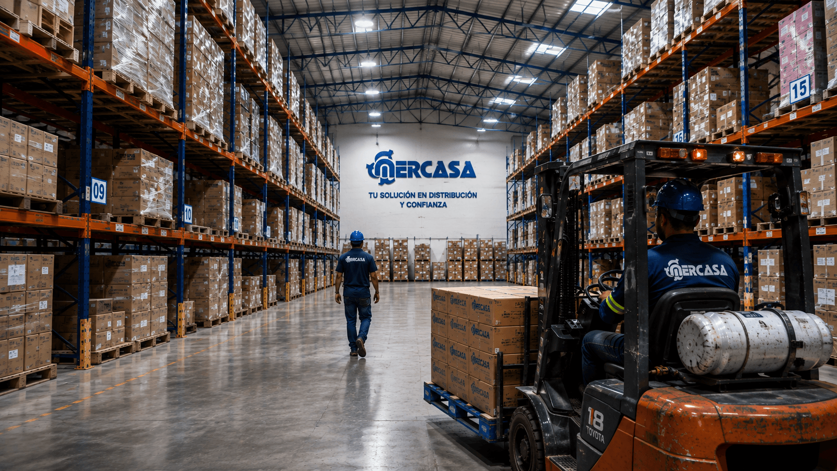 Bodega de Mercasa: montacargas moviendo tarimas entre racks de almacenamiento