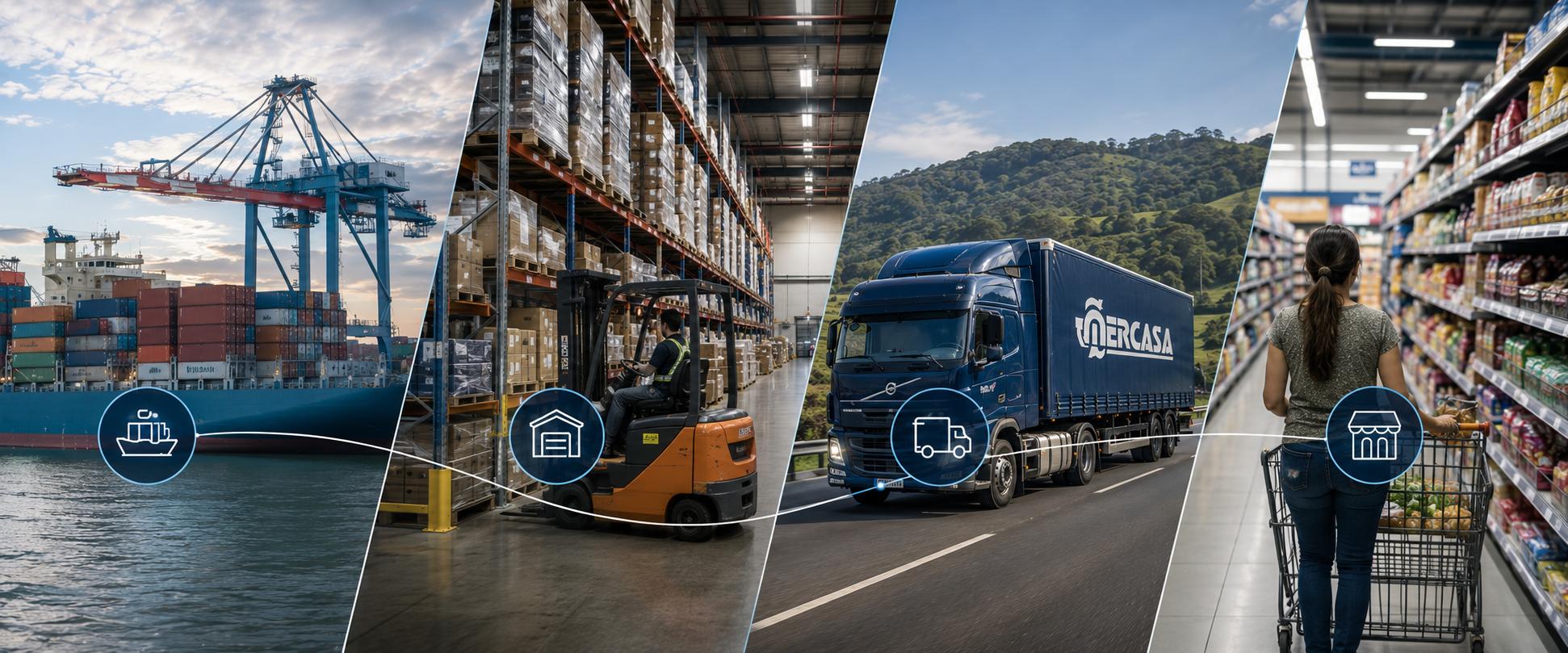 Cadena logística de Mercasa: importación por barco, almacenamiento en bodega, transporte por camión y punto de venta